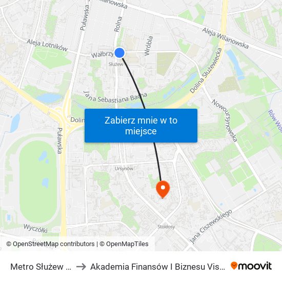 Metro Służew 01 to Akademia Finansów I Biznesu Vistula map