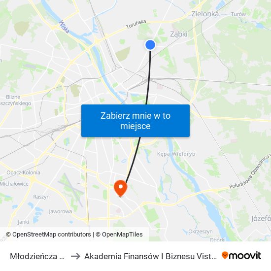 Młodzieńcza 04 to Akademia Finansów I Biznesu Vistula map