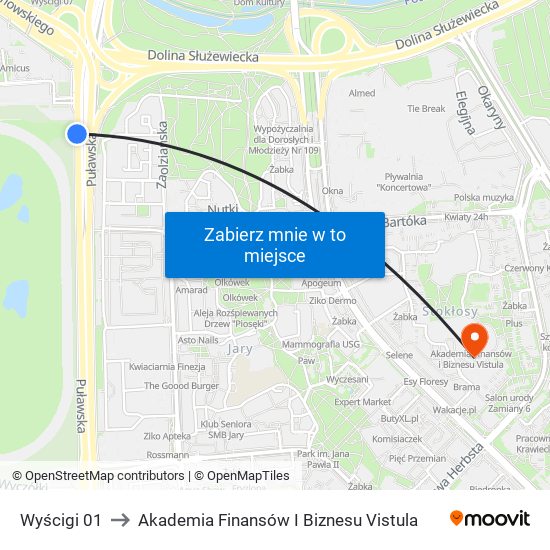 Wyścigi 01 to Akademia Finansów I Biznesu Vistula map