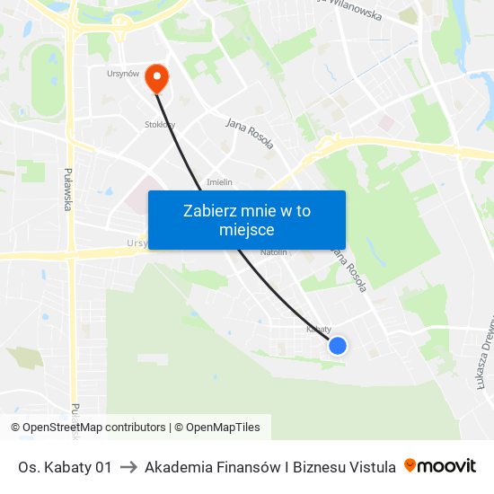 Os. Kabaty 01 to Akademia Finansów I Biznesu Vistula map