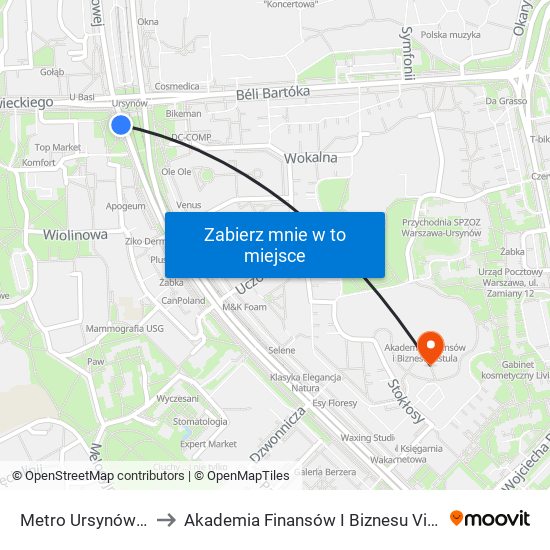 Metro Ursynów 01 to Akademia Finansów I Biznesu Vistula map