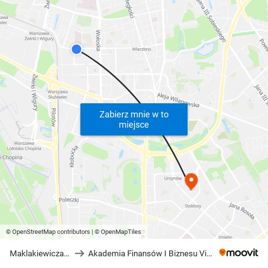 Maklakiewicza 01 to Akademia Finansów I Biznesu Vistula map