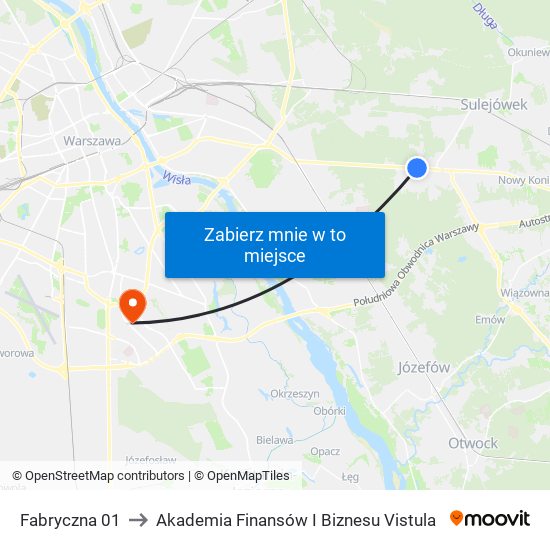 Fabryczna 01 to Akademia Finansów I Biznesu Vistula map