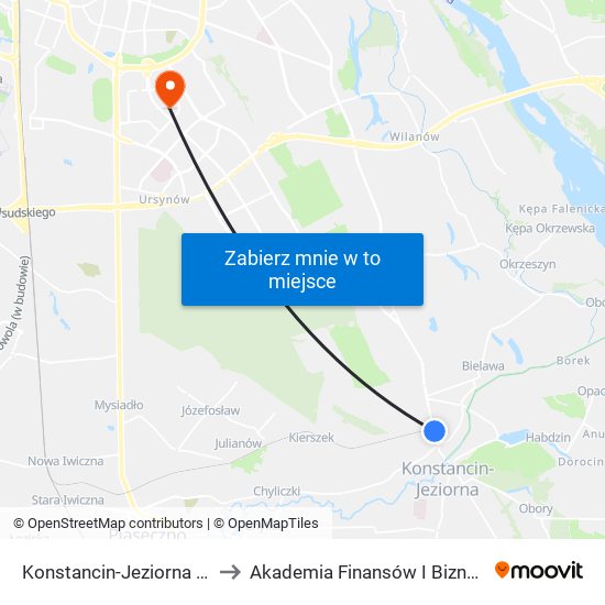 Konstancin-Jeziorna Polna 02 to Akademia Finansów I Biznesu Vistula map