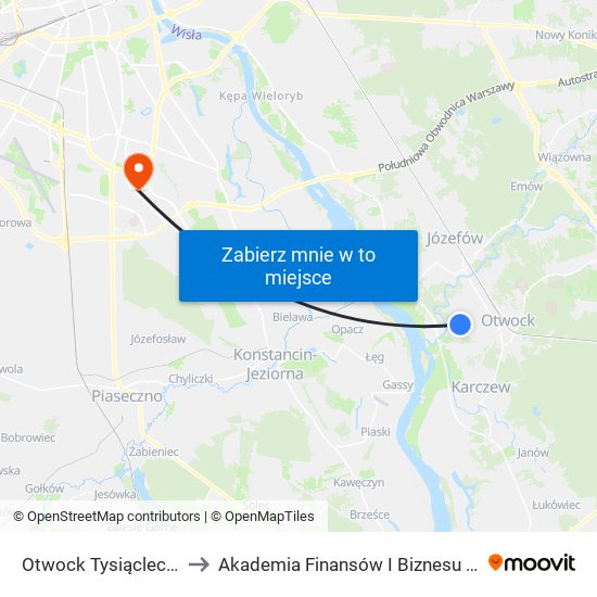 Otwock Tysiąclecia 01 to Akademia Finansów I Biznesu Vistula map