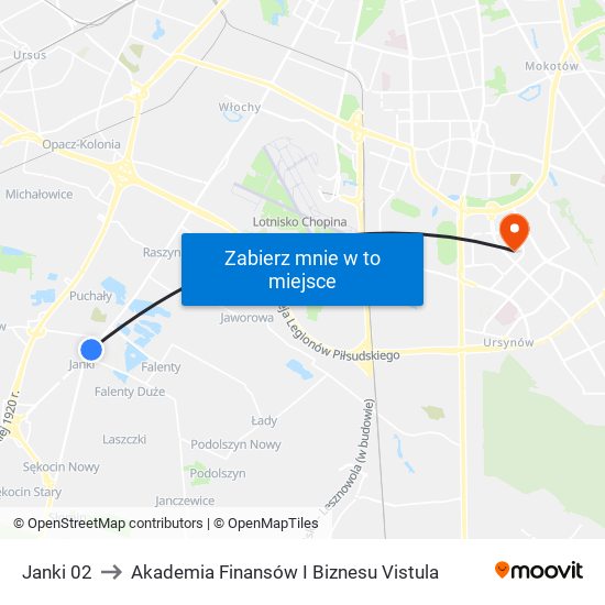 Janki to Akademia Finansów I Biznesu Vistula map