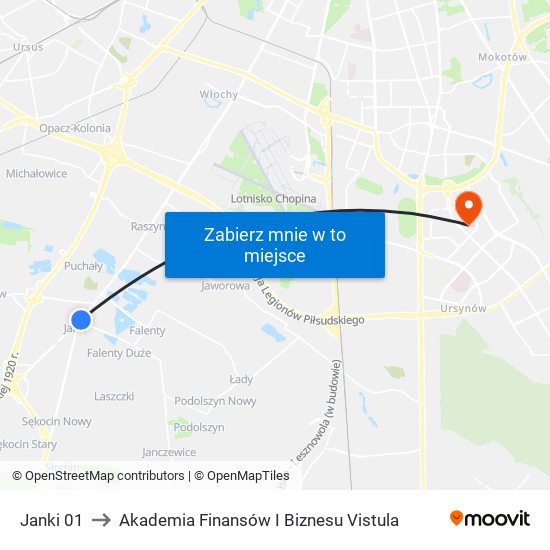 Janki 01 to Akademia Finansów I Biznesu Vistula map