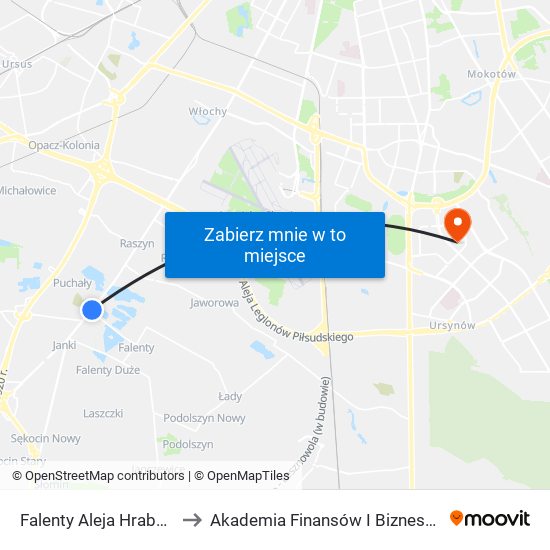 Falenty Aleja Hrabska 01 to Akademia Finansów I Biznesu Vistula map