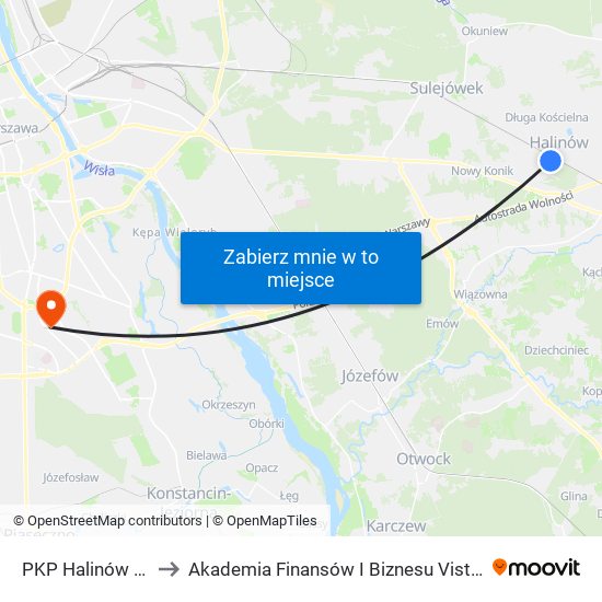 PKP Halinów 01 to Akademia Finansów I Biznesu Vistula map