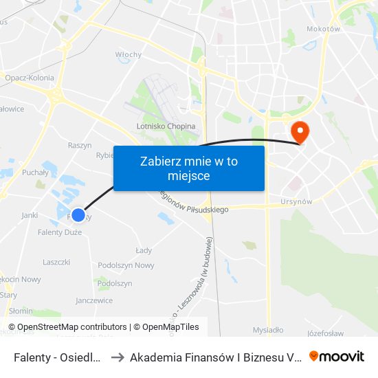 Falenty - Osiedle 01 to Akademia Finansów I Biznesu Vistula map