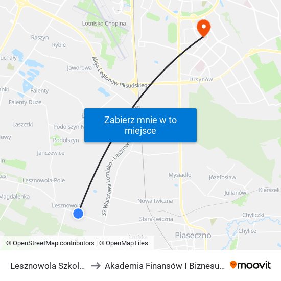 Lesznowola Szkolna 02 to Akademia Finansów I Biznesu Vistula map