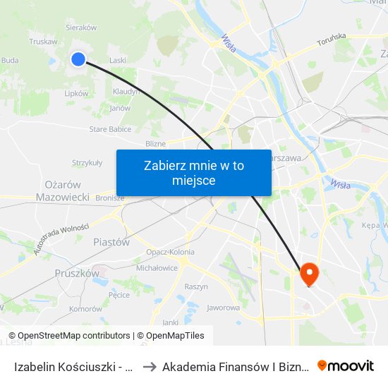 Izabelin Kościuszki - Szkoła 02 to Akademia Finansów I Biznesu Vistula map