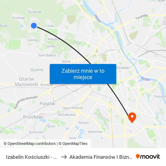 Izabelin Kościuszki - Szkoła 01 to Akademia Finansów I Biznesu Vistula map