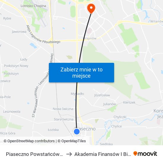 Piaseczno Powstańców Warszawy 02 to Akademia Finansów I Biznesu Vistula map