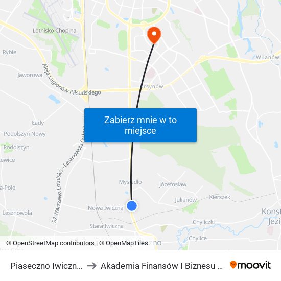 Piaseczno Iwiczna 02 to Akademia Finansów I Biznesu Vistula map