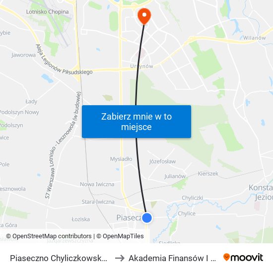 Piaseczno Chyliczkowska - Technikum 01 to Akademia Finansów I Biznesu Vistula map