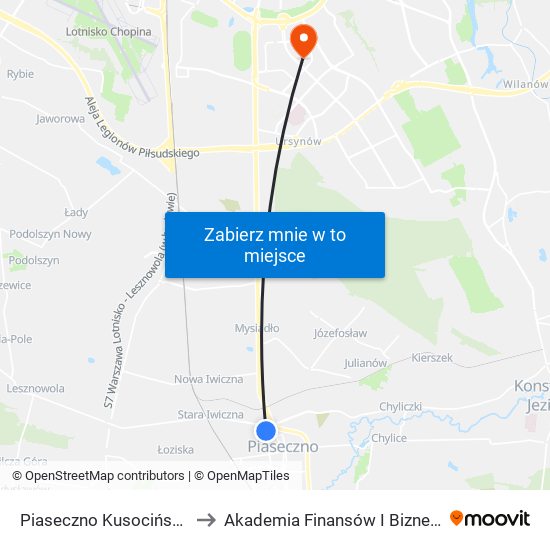 Piaseczno Kusocińskiego to Akademia Finansów I Biznesu Vistula map