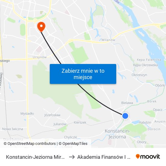 Konstancin-Jeziorna Mirków - Szkoła 02 to Akademia Finansów I Biznesu Vistula map