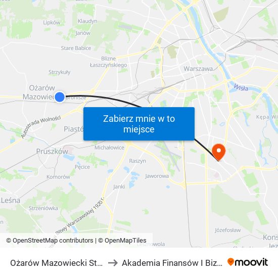 Ożarów Mazowiecki Starostwo 01 to Akademia Finansów I Biznesu Vistula map