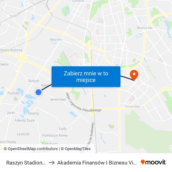 Raszyn Stadion 01 to Akademia Finansów I Biznesu Vistula map