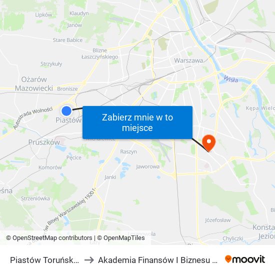 Piastów Toruńska 01 to Akademia Finansów I Biznesu Vistula map