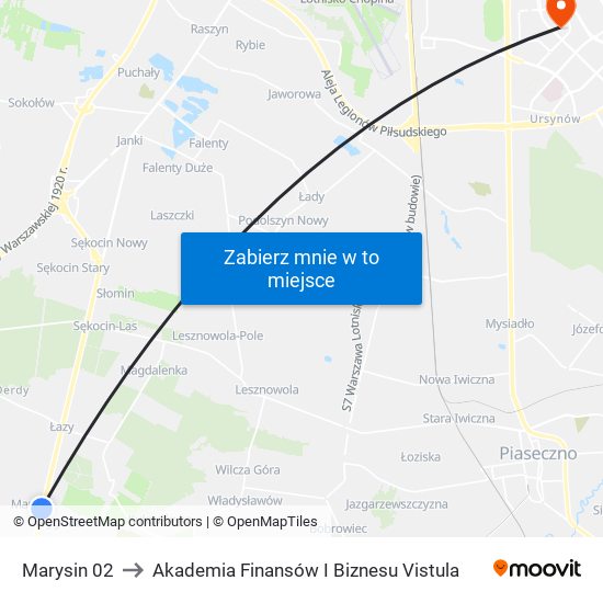 Marysin 02 to Akademia Finansów I Biznesu Vistula map