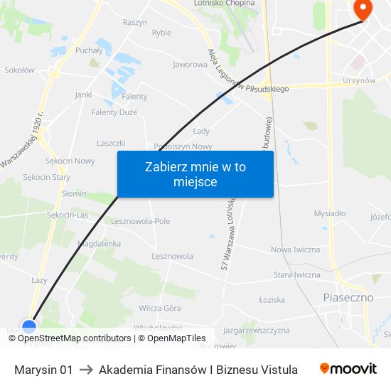 Marysin 01 to Akademia Finansów I Biznesu Vistula map