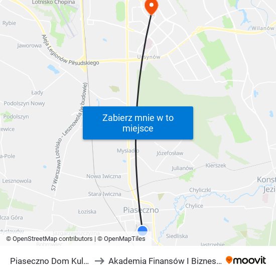 Piaseczno Dom Kultury 01 to Akademia Finansów I Biznesu Vistula map