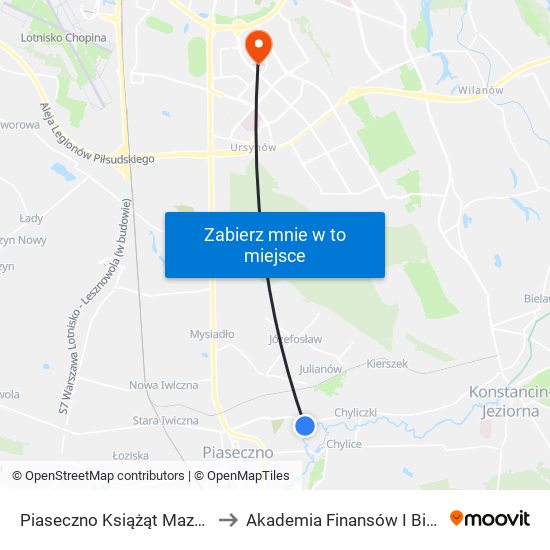 Piaseczno Książąt Mazowieckich 02 to Akademia Finansów I Biznesu Vistula map
