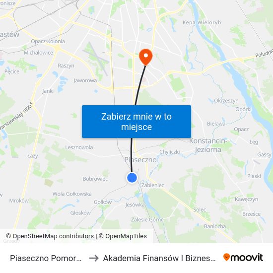 Piaseczno Pomorska 01 to Akademia Finansów I Biznesu Vistula map