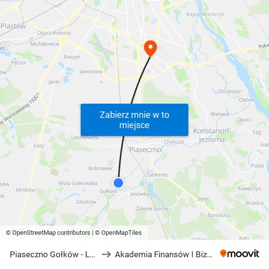 Piaseczno Gołków - Letnisko 01 to Akademia Finansów I Biznesu Vistula map