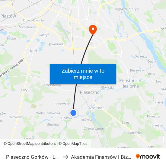 Piaseczno Gołków - Letnisko 02 to Akademia Finansów I Biznesu Vistula map