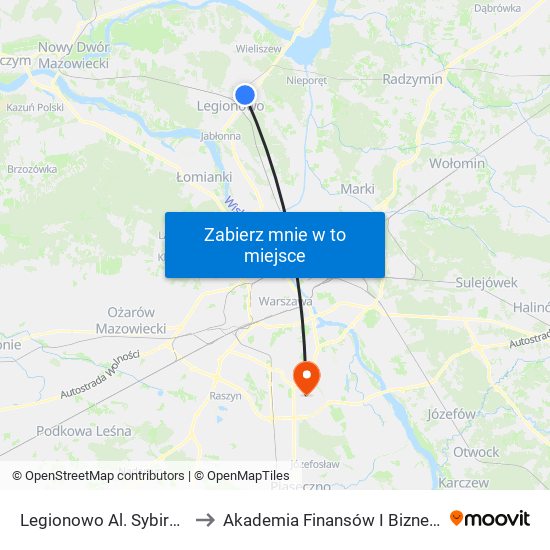 Legionowo Al. Sybiraków 02 to Akademia Finansów I Biznesu Vistula map