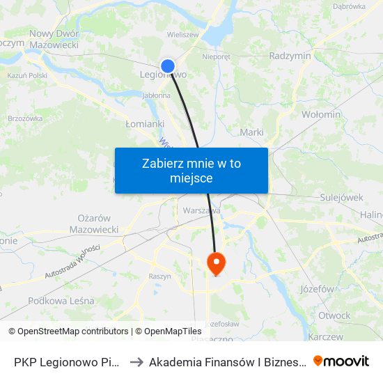 PKP Legionowo Piaski 01 to Akademia Finansów I Biznesu Vistula map