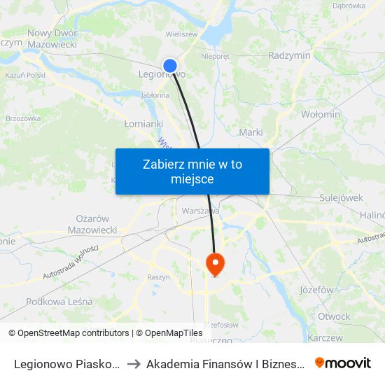 Legionowo Piaskowa to Akademia Finansów I Biznesu Vistula map