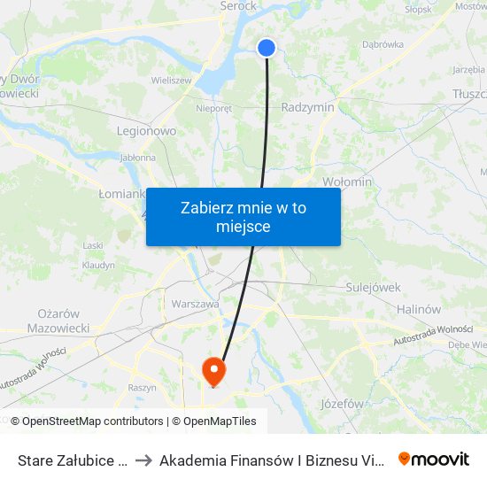 Stare Załubice 01 to Akademia Finansów I Biznesu Vistula map