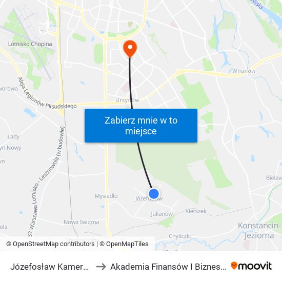 Józefosław Kameralna 02 to Akademia Finansów I Biznesu Vistula map