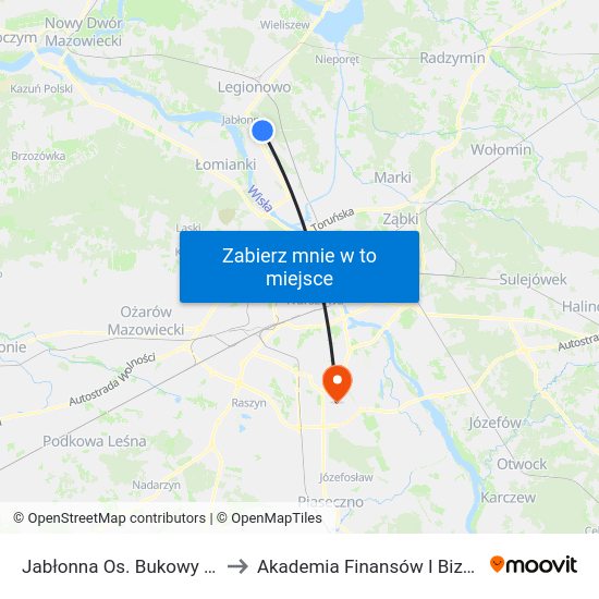 Jabłonna Os. Bukowy Dworek to Akademia Finansów I Biznesu Vistula map