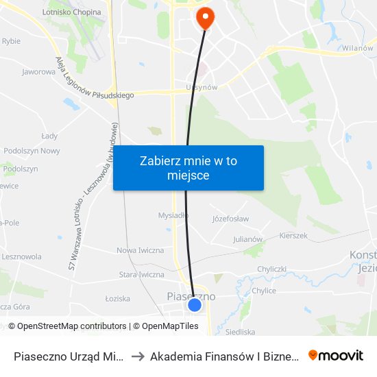 Piaseczno Urząd Miasta 03 to Akademia Finansów I Biznesu Vistula map