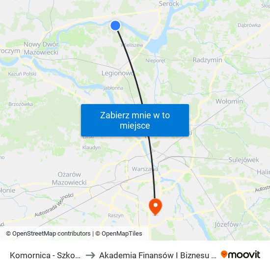 Komornica - Szkoła 01 to Akademia Finansów I Biznesu Vistula map