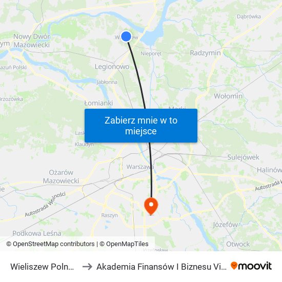 Wieliszew Polna 01 to Akademia Finansów I Biznesu Vistula map