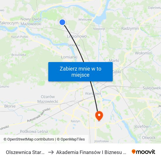 Olszewnica Stara 01 to Akademia Finansów I Biznesu Vistula map