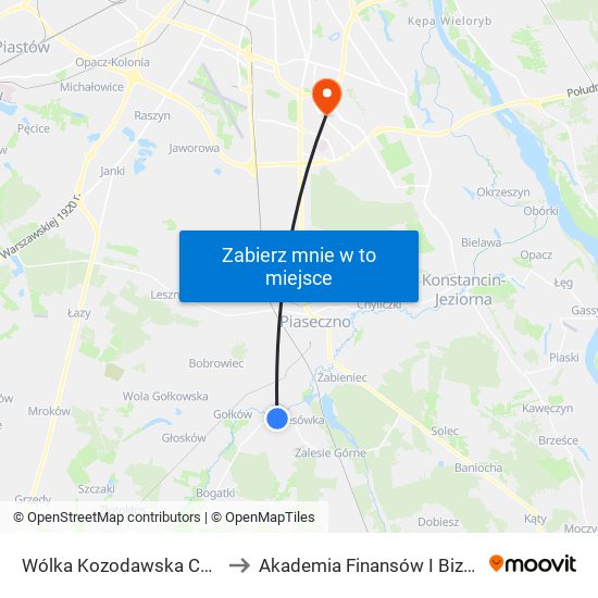 Wólka Kozodawska Cmentarz 02 to Akademia Finansów I Biznesu Vistula map