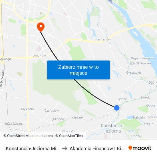 Konstancin-Jeziorna Mirkowska 01 to Akademia Finansów I Biznesu Vistula map