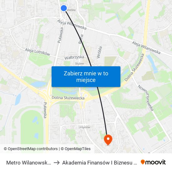 Metro Wilanowska to Akademia Finansów I Biznesu Vistula map