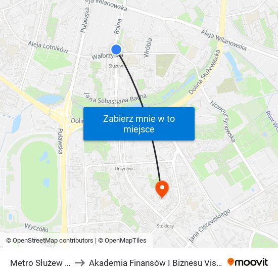 Metro Służew to Akademia Finansów I Biznesu Vistula map