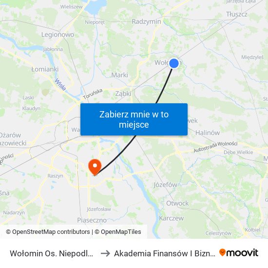 Wołomin Os. Niepodległości 01 to Akademia Finansów I Biznesu Vistula map