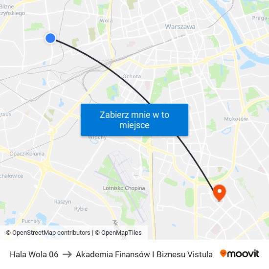 Hala Wola 06 to Akademia Finansów I Biznesu Vistula map