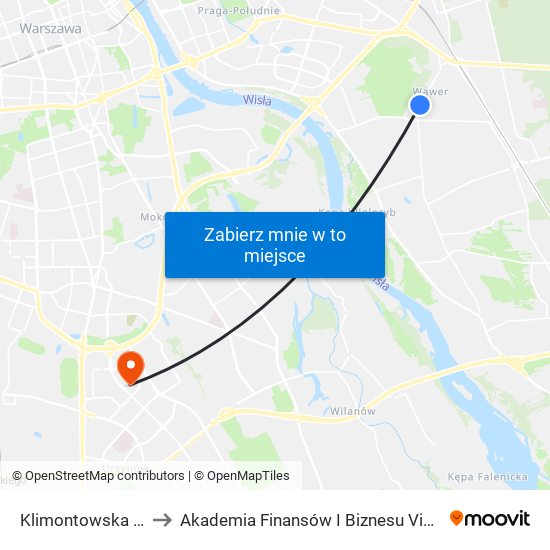 Klimontowska 01 to Akademia Finansów I Biznesu Vistula map