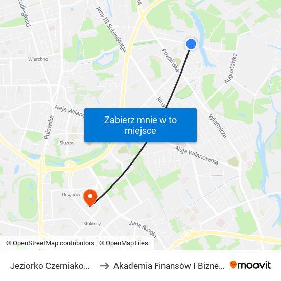 Jeziorko Czerniakowskie 01 to Akademia Finansów I Biznesu Vistula map